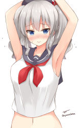 Rule 34 | 10s, 1girl, armpits, arms up, blue eyes, blush, breasts, chaa (korone-ze), highres, kantai collection, kashima (kancolle), large breasts, long hair, school uniform, solo, sweatdrop, white hair