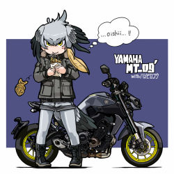Rule 34 | 1girl, bird girl, bird tail, bird wings, black footwear, bodystocking, bomber jacket, breast pocket, buttons, character name, closed mouth, commentary request, company name, contemporary, eating, english text, floating hair, food, full body, grey hair, grey shorts, hair between eyes, head wings, highres, holding, holding food, jacket, kemono friends, long hair, low ponytail, motor vehicle, motorcycle, multicolored hair, orange hair, pantyhose, pocket, shoebill (kemono friends), shoes, shorts, side ponytail, smile, solo, standing, tail, taiyaki, toriny, translated, wagashi, wings, yamaha, yamaha mt-09, yellow eyes
