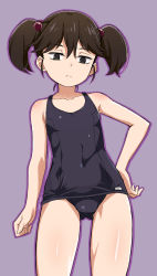 Rule 34 | 10s, 1girl, bad id, bad pixiv id, beaver (artist), black eyes, black hair, boku dake ga inai machi, child, contrapposto, covered navel, cowboy shot, hair bobbles, hair ornament, hand on own hip, highres, looking at viewer, misato (boku dake ga inai machi), old school swimsuit, one-piece swimsuit, school swimsuit, solo, standing, swimsuit, twintails, yanagihara misato
