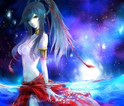 Rule 34 | 1girl, aqua eyes, armlet, bikini, black hair, braid, breasts, choker, closed mouth, colored skin, commentary, commentary request, cowboy shot, from side, long hair, long skirt, navel, night, night sky, original, partially submerged, red skirt, skirt, sky, small breasts, standing, swimsuit, wariko, water, white bikini, white skin