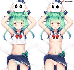Rule 34 | 1girl, alternate costume, anger vein, armpits, arms up, bed sheet, blue sailor collar, blue skirt, blush, bow, breasts, censored, chintora0201, clothes lift, collarbone, crop top, dakimakura (medium), double bun, green panties, hair bun, heart, heart censor, heart in eye, highres, hololive, looking at viewer, lying, midriff, multiple views, navel, nipples, on back, open mouth, panties, pleated skirt, red eyes, sailor collar, shirt, shirt lift, skirt, skirt lift, sleeveless, sleeveless shirt, small breasts, striped clothes, striped panties, stuffed toy, symbol in eye, underwear, uruha rushia, virtual youtuber, white panties