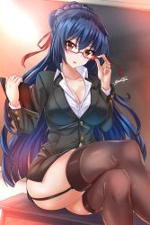 Rule 34 | 1girl, absurdres, black thighhighs, blue hair, braid, breasts, chair, chalkboard, classroom, cleavage, commentary, crossed legs, desk, garter straps, gluteal fold, hair ribbon, highres, holding, indoors, large breasts, long hair, long sleeves, looking at viewer, nez-box, on desk, original, red-framed eyewear, red eyes, red ribbon, ribbon, school, school desk, sitting, on desk, solo, teacher, thighhighs