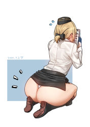 Rule 34 | 1girl, ass, blonde hair, blouse, blush, clipboard, clothes lift, dated, embarrassed, facing away, garrison cap, girls&#039; frontline, gloves, hat, highres, mp40 (girls&#039; frontline), panties, pencil skirt, plump, ponytail, seiza, shirt, simple background, sitting, skirt, solo, triangle bullet, underwear, white panties, white shirt