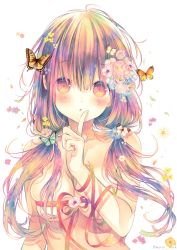 Rule 34 | 1girl, blush, bound, breasts, bug, butterfly, falling leaves, flower, hair flower, hair ornament, highres, hinako note, insect, leaf, long hair, march-bunny, pink hair, red eyes, ribbon, ribbon bondage, sakuragi hinako, twintails