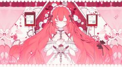 Rule 34 | blood, blood bag, breasts, chain, cleavage, closed eyes, curtains, dress, frilled dress, frills, hand on own chest, highres, large breasts, lilianei, loading screen, long hair, nyphielia, pointy ears, red hair, side ponytail, valeria lili, virtual youtuber
