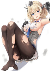 Rule 34 | 1girl, anger vein, arm up, armpits, black pantyhose, blonde hair, blue eyes, blue necktie, blush, breasts, capelet, collared dress, colorado (kancolle), commentary, corset, covered erect nipples, dress, elbow gloves, feet, gloves, grey gloves, hair between eyes, hands up, headgear, highres, kantai collection, knees up, looking at viewer, lying, medium breasts, necktie, neneru, no shoes, on back, open mouth, pantyhose, revision, short hair, sideboob, sidelocks, smoke, solo, torn clothes, torn pantyhose, v-shaped eyebrows, wet, white dress