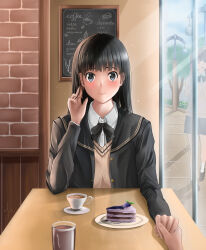 Rule 34 | 1other, 2girls, absurdres, amagami, ayatsuji tsukasa, black eyes, black hair, black jacket, black ribbon, black sailor collar, blazer, cafe, cake, cake slice, closed mouth, coffee cup, collared shirt, cup, disposable cup, fie nanoo, food, hand up, highres, holding hands, jacket, kibito high school uniform, long hair, long sleeves, looking at viewer, menu board, multiple girls, neck ribbon, pov, pov hands, ribbon, sailor collar, school uniform, shirt, solo focus, straight hair, sweater vest, table, white shirt, window, yellow sweater vest