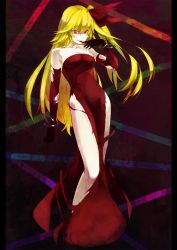 Rule 34 | 1girl, aged up, bare shoulders, blonde hair, bracelet, breasts, cleavage, dress, elbow gloves, female focus, flandre scarlet, gajuumaru, gloves, jewelry, legs, long hair, no wings, red dress, red eyes, solo, strapless, strapless dress, tongue, torn clothes, touhou