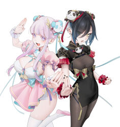 Rule 34 | 2girls, alternate costume, azur lane, between breasts, black hair, black nails, blue bow, bodystocking, bow, breast cutout, breasts, cleavage, dress, ear piercing, earrings, eyes visible through hair, hair between eyes, hair ornament, highres, jewelry, large breasts, leg up, microskirt, multiple girls, nail polish, ohisashiburi, open mouth, piercing, pink eyes, pink footwear, pink hair, pink skirt, pleated skirt, plymouth (azur lane), puffy short sleeves, puffy sleeves, scrunchie, short hair with long locks, short sleeves, simple background, skindentation, skirt, small breasts, taut clothes, taut dress, thighhighs, ulrich von hutten (azur lane), white background, white thighhighs, wrist scrunchie, yellow bow, yellow eyes