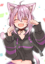 Rule 34 | 1girl, :d, ^ ^, ahoge, animal ear fluff, animal ears, black hoodie, blush, breasts, cat ears, cat girl, cat tail, cleavage, closed eyes, collar, collarbone, commentary request, confetti, crop top, drawstring, facing viewer, fang, hair between eyes, hands up, highres, hololive, hood, hood down, hoodie, long sleeves, medium breasts, midriff, mito (go!go!king!), navel, nekomata okayu, nekomata okayu (1st costume), open mouth, paw pose, puffy long sleeves, puffy sleeves, purple hair, red collar, simple background, smile, solo, tail, virtual youtuber, white background
