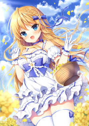 Rule 34 | 1girl, :d, basket, blonde hair, blue bow, blue eyes, blue sky, blurry, blurry background, blush, bow, braid, breasts, cleavage, cloud, cloudy sky, commentary request, day, depth of field, detached sleeves, dress, dutch angle, flower, frilled bow, frilled dress, frills, gloves, hair between eyes, hair bow, hair flower, hair ornament, highres, large breasts, long hair, looking at viewer, mauve, moe2020, open mouth, original, outdoors, petals, puffy short sleeves, puffy sleeves, short sleeves, sky, sleeveless, sleeveless dress, smile, solo, thighhighs, very long hair, white dress, white flower, white gloves, white sleeves, white thighhighs, yellow flower