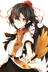 Rule 34 | 1girl, belt, bird wings, black belt, black hair, black ribbon, black skirt, black wings, closed mouth, collared shirt, commentary request, feathered wings, hand fan, hasunokaeru, hat, hauchiwa, highres, holding, holding fan, leaf print, looking at viewer, pointy ears, pom pom (clothes), puffy short sleeves, puffy sleeves, red eyes, red hat, ribbon, shameimaru aya, shirt, short hair, short sleeves, skirt, tengu, tokin hat, touhou, upper body, white shirt, wings