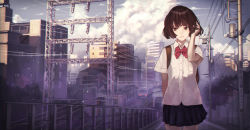 Rule 34 | 1girl, backpack, bag, black eyes, black hair, building, chromatic aberration, city, cityscape, cloud, commentary request, day, fence, kaoming, neckerchief, original, outdoors, overhead line, pleated skirt, pole, power lines, real world location, scenery, school uniform, short hair, short sleeves, skirt, sky, solo, standing, tokyo (city), train, train station, utility pole
