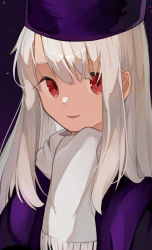 Rule 34 | 1girl, bad id, bad pixiv id, coat, fate/stay night, fate (series), fur hat, hat, highres, illyasviel von einzbern, inago 3939, looking at viewer, open mouth, papakha, purple coat, purple hat, red eyes, scarf, silver hair, solo, upper body, white scarf