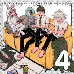 Rule 34 | :o, ahoge, album cover, alternate costume, animal ears, barefoot, black pants, bow, breast pocket, brown eyes, brown hair, brown skirt, buttons, cable, collared shirt, commentary request, controller, copyright name, cosplay, couch, cover, danganronpa (series), danganronpa 2: goodbye despair, diaper, double-breasted, ear bow, fake animal ears, flipped hair, game console, game controller, green jacket, green neckwear, grey hair, halftone, halftone background, handheld game console, hands up, highres, hinata hajime, holding, holding controller, holding phone, hood, hood up, jacket, komaeda nagito, long sleeves, lying, miniskirt, monokuma, monomi (danganronpa), monomi (danganronpa) (cosplay), multiple boys, nanami chiaki, necktie, no shoes, on couch, orange bow, pants, phone, pillow, pink hair, playing games, playstation controller, playstation portable, pocket, print shirt, rabbit ears, shirt, short sleeves, skirt, smile, speech bubble, tege (tege xxx), thighhighs, unworn jacket, video game cover, video game cover (object), white shirt