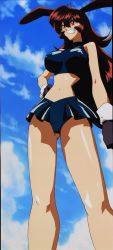 Rule 34 | 00s, 1girl, bare legs, bare shoulders, blue sky, breasts, brown eyes, brown hair, cameltoe, clenched teeth, grin, hand on own hip, highres, inaba mikami, large breasts, long hair, looking to the side, miniskirt, navel, pleated skirt, rabbit ears, school uniform, screencap, serafuku, skirt, sky, smile, solo, standing, teeth, third-party edit, usagi-chan de cue