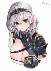 Rule 34 | 1girl, armor, black gloves, blush, braid, breastplate, breasts, circlet, cleavage, cleavage cutout, clothing cutout, fingerless gloves, gloves, gold trim, green eyes, highres, hololive, large breasts, looking at viewer, medium hair, mole, mole on breast, pauldrons, puffy sleeves, shirogane noel, shirogane noel (1st costume), shoulder armor, simple background, single pauldron, skindentation, smile, solo, upper body, virtual youtuber, watao, white background, white hair