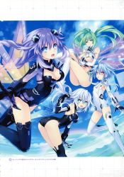 Rule 34 | 4girls, absurdres, ass, bare shoulders, black heart (neptunia), blanc (neptunia), blue hair, braid, breasts, choujigen game neptune, cleavage, cleavage cutout, clothing cutout, day, elbow gloves, flat chest, gloves, green hair, green heart (neptunia), highres, leotard, long hair, looking at viewer, multiple girls, neptune (neptunia), neptune (series), noire (neptunia), official art, open mouth, outdoors, power symbol, power symbol-shaped pupils, purple eyes, purple hair, purple heart (neptunia), red eyes, scan, sleeveless, smile, symbol-shaped pupils, thighhighs, tsunako, twin braids, twintails, vert (neptunia), white hair, white heart (neptunia)