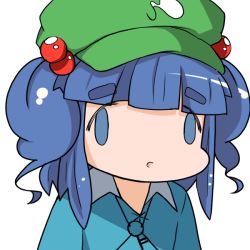 Rule 34 | 1girl, ai mai mii, blue eyes, blue hair, blue shirt, blunt bangs, chibi, eyebrows, face of the people who sank all their money into the fx (meme), female focus, flanvia, hair bobbles, hair ornament, hat, kawashiro nitori, key, long sleeves, matching hair/eyes, meme, open mouth, parody, shirt, short hair, simple background, solo, style parody, thick eyebrows, touhou, twintails, two side up, upper body, white background