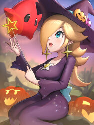 Rule 34 | 1girl, blonde hair, blue eyes, breasts, commentary request, earrings, gonzarez, hair over one eye, halloween, hat, highres, holding, holding wand, jack-o&#039;-lantern, jewelry, large breasts, long hair, luma (mario), mario (series), mario kart, mario kart tour, nintendo, official alternate costume, open mouth, rosalina, rosalina (halloween), star (symbol), star earrings, wand, witch hat