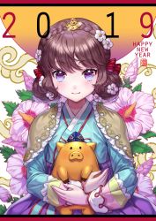 Rule 34 | 1girl, blush, box (hotpppink), brown hair, chinese zodiac, flower, hair flower, hair ornament, hanbok, happy new year, korean clothes, looking at viewer, new year, original, pig, purple eyes, smile, solo, year of the pig