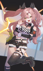 Rule 34 | 1girl, absurdres, black footwear, black ribbon, black shorts, black socks, blush, boots, breasts, cleavage, crop top, earrings, green eyes, hair ornament, hair ribbon, hairclip, highres, jewelry, kino (m6t2a), kneehighs, leg up, long hair, looking at viewer, medium breasts, mole, mole on breast, mole under eye, nail polish, necklace, nicole demara (zenless zone zero), o-ring, open mouth, ribbon, short shorts, shorts, simple background, single kneehigh, single sock, single thighhigh, socks, solo, thigh strap, thighhighs, torn clothes, two side up, w, zenless zone zero