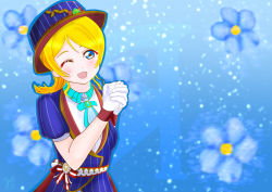 Rule 34 | 1girl, absurdres, alternate hairstyle, aqua bow, artist request, ayase eli, blonde hair, blue eyes, blue headwear, blue shirt, blue skirt, blush, bow, bowtie, breasts, collared shirt, female focus, gloves, hair between eyes, highres, inasaku75, inasaku yuza, long hair, looking at viewer, love live!, love live! school idol festival, love live! school idol project, one eye closed, own hands together, parted lips, ponytail, puffy short sleeves, puffy sleeves, shirt, short sleeves, skirt, small breasts, smile, solo, striped clothes, striped headwear, striped shirt, vertical-striped clothes, vertical-striped headwear, vertical-striped shirt, white gloves