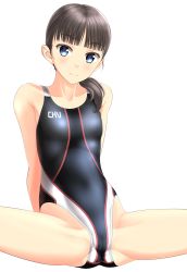 Rule 34 | 1girl, absurdres, black hair, black one-piece swimsuit, blue eyes, blunt bangs, cameltoe, clothes writing, competition swimsuit, cowboy shot, gluteal fold, hair over shoulder, highres, looking at viewer, multicolored clothes, multicolored swimsuit, one-piece swimsuit, original, simple background, sitting, solo, spread legs, swimsuit, takafumi, white background