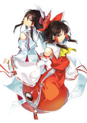 2girls alternate_color alternate_costume ascot back-to-back black_hair bow brown_eyes detached_sleeves dual_persona female_focus hair_bow hakurei_reimu japanese_clothes long_hair miko multiple_girls palette_swap tomasu touhou tsurukame