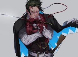 Rule 34 | 1boy, absurdres, belt, black hair, fate (series), gloves, grey background, gun, highres, hijikata toshizou (fate), holding, holding sword, holding weapon, jacket, jacket on shoulders, long sleeves, looking at viewer, male focus, one eye closed, red eyes, red gloves, red vest, samuraisamurai, sheath, simple background, solo, sword, teeth, upper body, vest, weapon