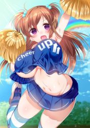 Rule 34 | 1girl, :d, :o, arched back, armpits, arms up, blue shirt, blue skirt, blush, bouncing breasts, breast slip, breasts, brown hair, cheering, cheerleader, cloud, cowboy shot, cropped shirt, female focus, floating hair, hair ornament, hands up, highres, large breasts, leg up, light particles, light rays, long hair, looking at viewer, midriff, miniskirt, nakahashi mizuki, open mouth, original, outdoors, pleated skirt, pom pom (cheerleading), purple eyes, rainbow, shirt, shoes, skirt, sky, smile, soll, solo, stomach, striped clothes, striped thighhighs, sunbeam, sunlight, thighhighs, underboob