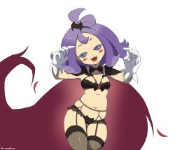 Rule 34 | 1girl, :3, absurdres, acerola (pokemon), artist name, bat hair ornament, belly, black bow, black panties, black thighhighs, blush, blush stickers, bow, bow panties, breasts, cape, chromodomo, cowboy shot, creatures (company), fangs, feet out of frame, flipped hair, game freak, garter belt, gloves, hair ornament, head tilt, highres, microskirt, navel, nintendo, open mouth, panties, panties over garter belt, plump, pokemon, pokemon sm, purple eyes, purple hair, red cape, shiny clothes, simple background, skirt, small breasts, solo, standing, thigh gap, thighhighs, underwear, vampire, white background, white gloves