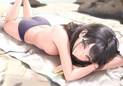 Rule 34 | 1girl, ame (uten cancel), arm rest, ass, bikini, black bikini, black hair, blush, breasts, commentary, crossed arms, feet out of frame, feet up, head rest, idolmaster, idolmaster shiny colors, kazano hiori, looking at viewer, lying, mat, medium breasts, mole, mole under mouth, on stomach, outdoors, sideboob, smile, solo, split mouth, sweatdrop, swimsuit, symbol-only commentary, the pose, untied bikini