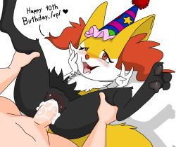 Rule 34 | 1boy, 1girl, 4chan, ahegao, animal hands, braixen, creatures (company), cum, cum in pussy, drawfag, english text, furry, game freak, gen 6 pokemon, hat, highres, nintendo, party hat, penis, pokemon, pokemon (creature), pov, pussy, red eyes, tagme, tail, uncensored