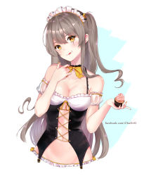 Rule 34 | 1girl, :q, artist name, bare shoulders, blush, bow, bowtie, breasts, brown hair, center opening, chu (huaha1320), cleavage, closed mouth, collarbone, corset, cupcake, detached sleeves, food, food on face, frills, girls&#039; frontline, hair between eyes, hand on own chest, head tilt, highres, holding, holding food, long hair, looking at viewer, maid headdress, medium breasts, nail polish, navel, puffy short sleeves, puffy sleeves, short sleeves, solo, spaghetti strap, tareme, tongue, tongue out, two-tone background, ump45 (girls&#039; frontline), upper body, very long hair, watermark, web address, white background, yellow bow, yellow bowtie, yellow eyes, yellow nails