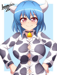 Rule 34 | 1girl, blue hair, blush, breasts, cleavage, closed mouth, cow girl, cow horns, cowbell, fang, horns, jashin-chan dropkick, large breasts, looking at viewer, minos (jashin-chan dropkick), neck bell, red eyes, short hair, smile, solo, upper body, zetsumu
