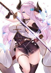 Rule 34 | 1girl, absurdres, an yasuri, asymmetrical gloves, bare shoulders, black footwear, black gloves, black thighhighs, blue eyes, blush, braid, breasts, draph, elbow gloves, gloves, granblue fantasy, hair ornament, hair over one eye, highres, horns, katana, large breasts, light purple hair, long hair, looking at viewer, low tied hair, narmaya (granblue fantasy), pointy ears, simple background, single braid, single thighhigh, sleeveless, smile, solo, sword, thigh strap, thighhighs, thighs, uneven gloves, weapon, white background