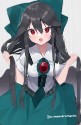 Rule 34 | 1girl, :o, black hair, bow, center frills, closed mouth, cowboy shot, frilled shirt, frills, gem, green bow, green skirt, grey background, hair bow, hands up, highres, holding, holding own hair, long hair, looking at viewer, momomaron, puffy short sleeves, puffy sleeves, red eyes, red gemstone, reiuji utsuho, shirt, short sleeves, skirt, solo, touhou, twitter username, very long hair