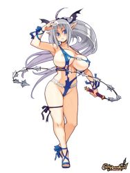 Rule 34 | 1girl, areola slip, arm ribbon, bat wings, bikini, blue bikini, blush, breasts, brown eyes, copyright name, covered erect nipples, end breaker!, full body, head wings, high heels, huge breasts, large breasts, leg ribbon, long hair, pointy ears, ponytail, ribbon, ryoji (nomura ryouji), silver hair, simple background, slingshot swimsuit, solo, standing, swimsuit, torn clothes, torn swimsuit, weapon, whip sword, white background, wings