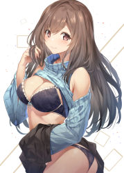 Rule 34 | 1girl, ass, bad id, bad pixiv id, black skirt, blue bra, blue panties, blue sweater, blush, bra, breasts, brown eyes, brown hair, cleavage, closed mouth, clothes lift, clothing cutout, hand in own hair, hip focus, idolmaster, idolmaster shiny colors, large breasts, lifted by self, long hair, long sleeves, looking at viewer, panties, ribbed sweater, shoulder cutout, skirt, skirt lift, sola (solo0730), solo, sweater, sweater lift, swept bangs, tsukioka kogane, turtleneck, turtleneck sweater, underwear, white background