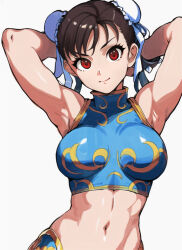 Rule 34 | 1girl, ai-assisted, armpits, arms behind head, arms up, breasts, brown eyes, brown hair, bun cover, capcom, china dress, chinese clothes, chun-li, collarbone, double bun, dress, gohika, hair bun, large breasts, looking at viewer, solo, spikes, street fighter
