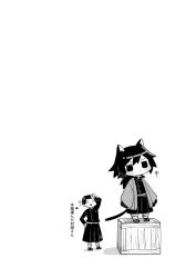 Rule 34 | 2boys, animal ear fluff, animal ears, animal hands, arm up, bad id, bad pixiv id, cat boy, cat ears, cat tail, character request, chibi, coyucom, crate, gloves, greyscale, hand on own hip, jacket, kemonomimi mode, kimetsu no yaiba, long hair, long sleeves, low ponytail, male focus, mini person, miniboy, monochrome, multiple boys, open clothes, pants, paw gloves, ponytail, sleeves past wrists, sparkle, standing, sweat, tail, tomioka giyuu, translation request, white background, wide sleeves, wiping forehead, wiping sweat