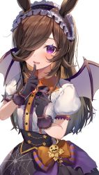 Rule 34 | 1girl, absurdres, animal ears, bat wings, black bow, black bowtie, black gloves, black skirt, blush, bow, bowtie, brown hair, commentary request, fangs, finger to mouth, frilled hairband, frills, gloves, hair over one eye, hairband, halloween, highres, horse ears, horse girl, jack-o&#039;-lantern, lolita hairband, long hair, looking at viewer, one eye covered, open mouth, orange bow, puffy short sleeves, puffy sleeves, purple eyes, purple skirt, rice shower (make up vampire!) (umamusume), rice shower (umamusume), shirt, short sleeves, simple background, skirt, solo, spider web print, swept bangs, umamusume, warayanuko, white background, white hairband, white shirt, wings