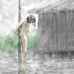 Rule 34 | 10s, 1girl, 2015, abandoned, abuse, arms behind back, barefoot, bdsm, bound, breasts, cold, dated, full body, gin nasu, highres, navel, nipples, nude, outdoors, pole, public indecency, public nudity, punished, punishment, rain, restrained, small breasts, solo, standing, tagme, tied down, tied up, torture, wet