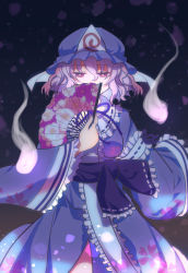Rule 34 | 1girl, blue hat, blue kimono, blue sash, bright pupils, collar, dark background, floral print, frilled collar, frilled sleeves, frills, hand fan, hat, highres, hitodama, holding, holding fan, japanese clothes, kimono, long sleeves, looking at viewer, mob cap, nayozane (worker7), pink eyes, pink hair, print kimono, ribbon-trimmed collar, ribbon trim, saigyouji yuyuko, sash, short hair, solo, touhou, triangular headpiece, veil, wavy hair, white pupils, wide sleeves