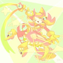 Rule 34 | 1girl, absurdres, animal ears, bell, boots, cat ears, cat tail, full body, gloves, highres, jingle bell, long hair, mad mew mew, magical girl, pink hair, pink ribbon, puffy short sleeves, puffy sleeves, ribbon, short sleeves, skirt, smile, solo, standing, standing on one leg, tail, undertale, wand, white footwear, white gloves, wink