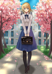 Rule 34 | 1girl, artoria pendragon (all), artoria pendragon (fate), bag, black pantyhose, blonde hair, blouse, blue eyes, blue skirt, blurry, cherry blossoms, contemporary, day, depth of field, fate/stay night, fate (series), folded ponytail, highres, long hair, long skirt, looking at viewer, mary janes, outdoors, pantyhose, saber (fate), school, school bag, shirt, shoes, sketch, skirt, skirt set, wenhe, white shirt