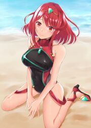 Rule 34 | 1girl, beach, black one-piece swimsuit, breasts, circlet, closed mouth, comiket 100, competition swimsuit, covered navel, full body, highres, large breasts, looking at viewer, medium hair, one-piece swimsuit, outdoors, pyra (pro swimmer) (xenoblade), pyra (xenoblade), red eyes, red footwear, red hair, sand, sitting, smile, solo, swept bangs, swimsuit, take (s-wab), wariza, water, xenoblade chronicles (series), xenoblade chronicles 2