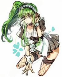 Rule 34 | 1girl, alternate costume, c.c., code geass, cowboy shot, creayus, enmaided, green hair, long hair, looking at viewer, maid, maid headdress, side ponytail, simple background, solo, twitter username, white background, yellow eyes