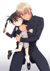 2boys, age difference, amuro tooru, bangs, black-framed eyewear, black pants, black shirt, blonde hair, blush, brown footwear, brown hair, brush, buttons, child, closed mouth, commentary request, earrings, edogawa conan, fingernails, glasses, grey background, grey vest, hair between eyes, height difference, holding, holding brush, hug, hug from behind, jewelry, k (gear labo), long sleeves, male focus, meitantei conan, multiple boys, one eye closed, pants, shirt, shoes, short hair, simple background, socks, standing, sweatdrop, turtleneck, vest, white legwear, yaoi